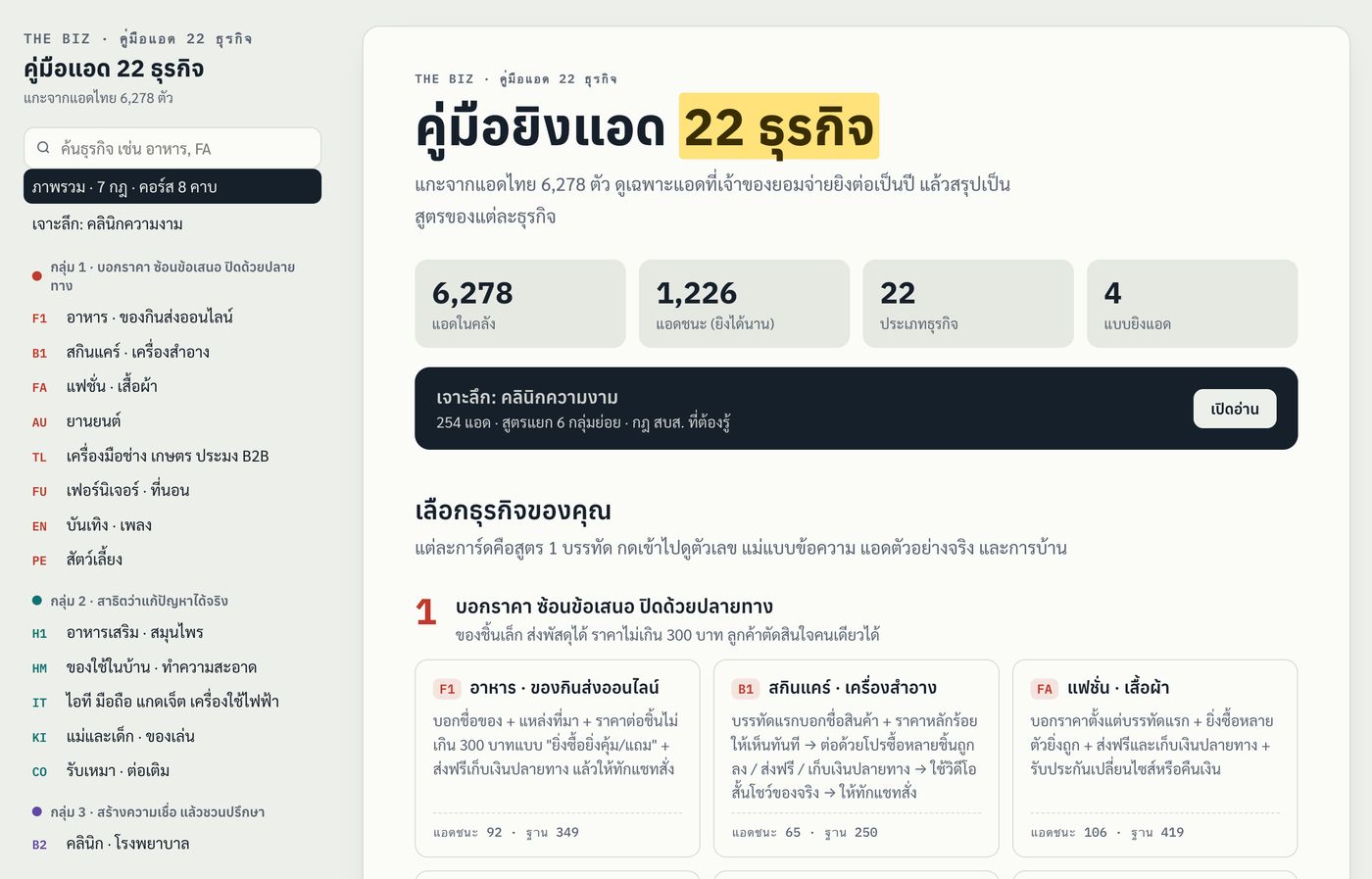 หน้าแรกเว็บแอป: เลือกธุรกิจ 22 ประเภท แยก 4 กลุ่ม